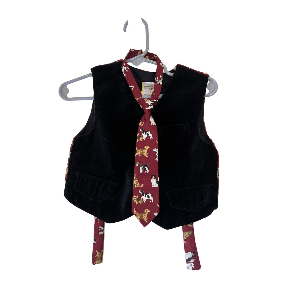 Vintage Kids Black Velvet Vest with Burgundy Dog Print Tie Set 12‎ months